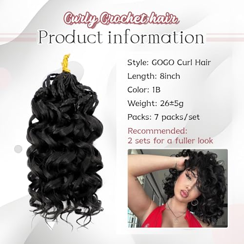 LIYATE 8 Inch Gogo Curl Crochet Hair - 7 Packs, 1B Pre-Twisted Beach Wave Braids