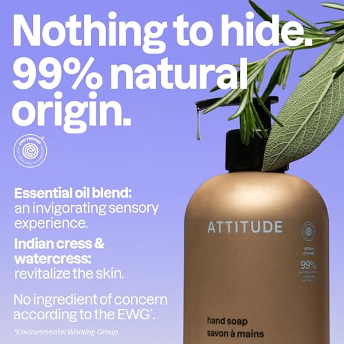 ATTITUDE Liquid Hand Soap with Essential Oils - Sage & Rosemary, 15 Fl Oz, Vegan & EWG Verified