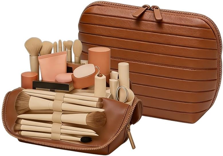 Makeup Organizer for Women - Waterproof Toiletry Bag with Dividers | Brown Travel Case