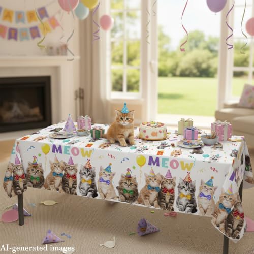 Cat Birthday Tablecloth Set - 2 Disposable Covers for Kids' Parties
