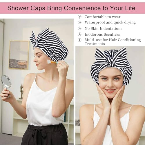 Luvruitaky Black Stripe Luxury Shower Cap for Women - Reusable Waterproof Hair Bath Cap with Adjustable Bowknot