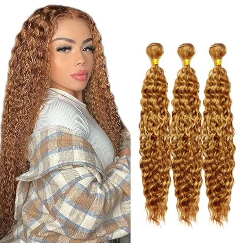 GveoXvo 3-Bundle Deep Wave Human Hair Extensions - Honey Blonde Highlight 22"