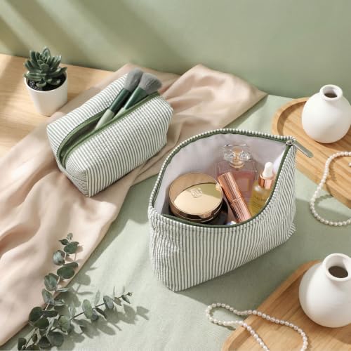 Huhumy 2-Piece Makeup Bag Set for Women - Bean Green with Thin Stripe Variation
