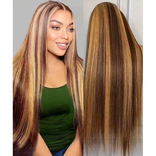 Highlight Ombre Lace Front Wig Human Hair 13x6 HD Lace Frontal Real Virgin Human Hair Wig 4/27 Colored Honey Blonde Straight Wigs Human Hair Pre Plucked Tangle-Free 200 Density 26 Inch
