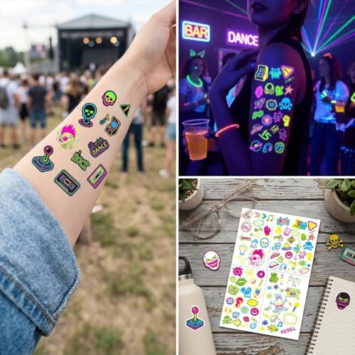 Glow in the Dark Temporary Tattoos - 10 Sheets UV Reactive Neon Designs