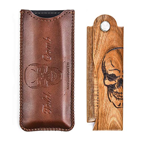 Menesia Skull Folding Wooden Beard Comb for Men with Leather Travel Case