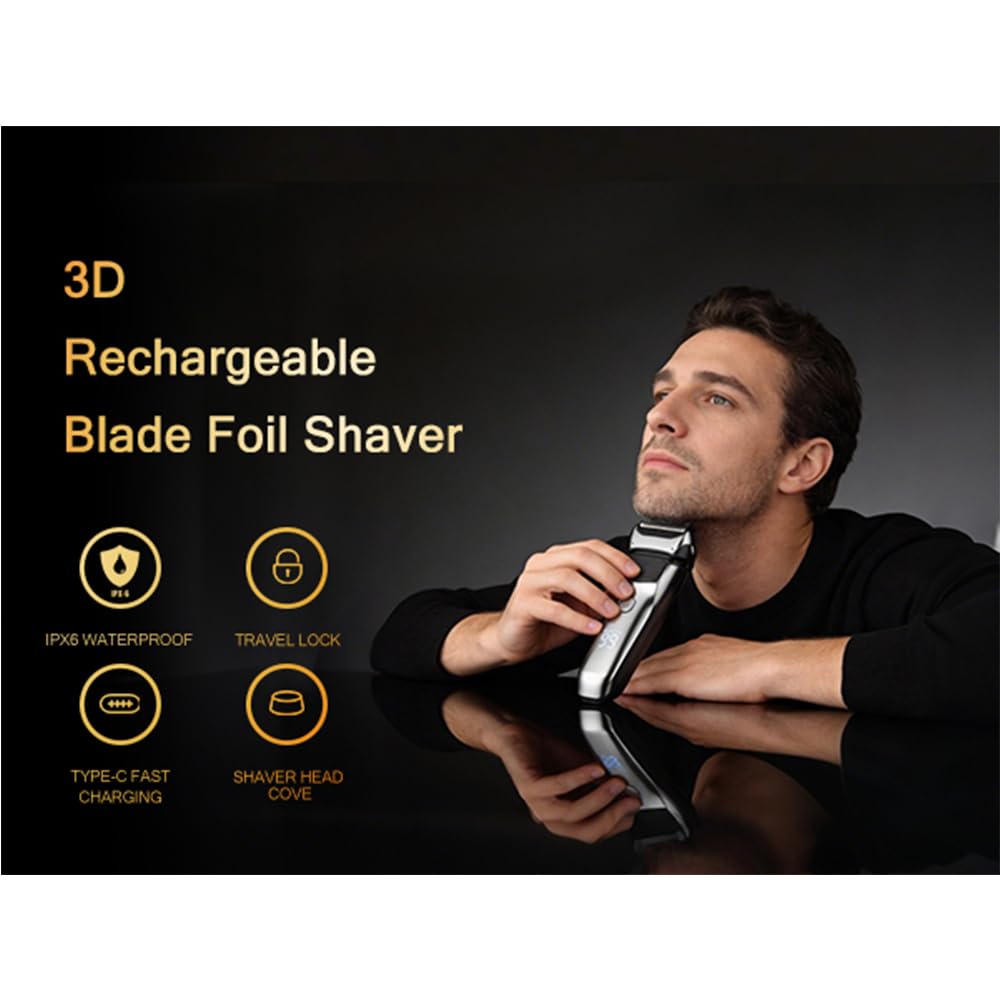 Electric Foil Shaver for Men, IPX6 Waterproof 3D Electric Razor with LED Display & Pop-Up Trimmer, USB-C Rechargeable Lightweight Handheld Shaver，Gift for Men
