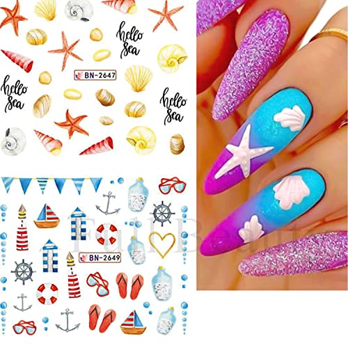 Ocean Summer Nail Art Stickers 12 Sheets for Women & Girls - Marine Water Design