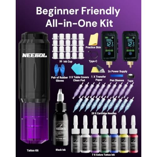 2 PCS 1600mAh Tattoo Batteries Tattoo Gun Kit - Wireless Tattoo Machine Kit, 20 Tattoo Cartridge Needles, Tattoo Ink Set, Full Tattoo Supplies for Beginners and Artists, Purple