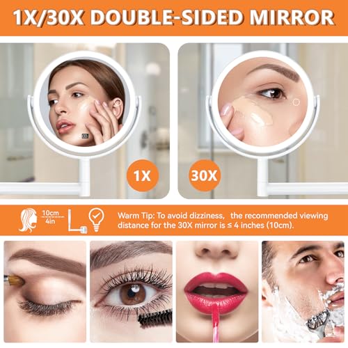 Auxmir Snow White 30X Wall Mounted Makeup Mirror - No Drilling, 3 Colors, 360° Rotation, Rechargeable