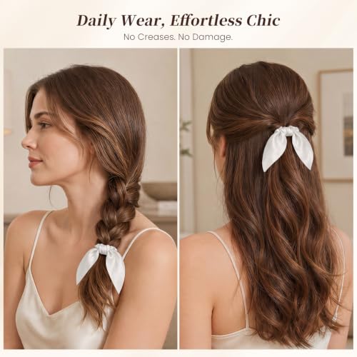 THXSILK Mulberry Silk Scrunchies with Bow for Women - White