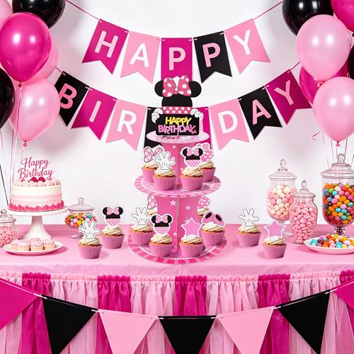 3-Tier Black and Pink Cartoon Cupcake Stand with 24 Toppers