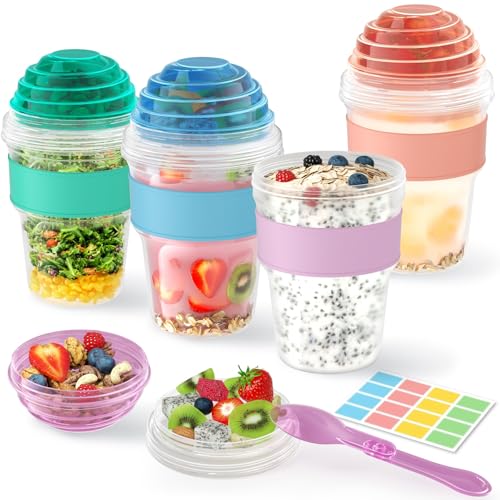 Lazyshine 4 Pack Reusable Yogurt Parfait Cups with Lids - 20 oz Plastic Containers for Overnight Oats & Snacks