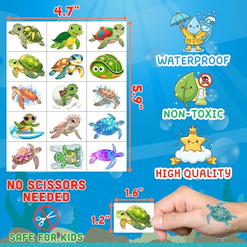 Kids Turtle Temporary Tattoos Ocean Party Favors, Fun Marine Themed Gift