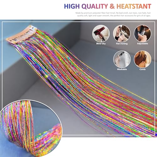 ONROCL 12Pcs 24 Inch Hair Tinsel Clip-in Extensions - Colorful Glitter for Festivals