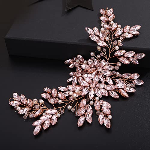 Pink Rhinestone Pearl Crystal Large Headband Hair Vine Bridal Accessory