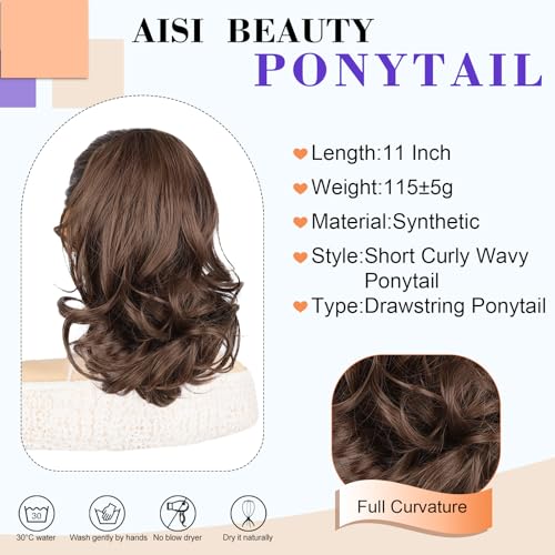 AISI BEAUTY Short Curly Wavy Ponytail Extension Brown Natural Look