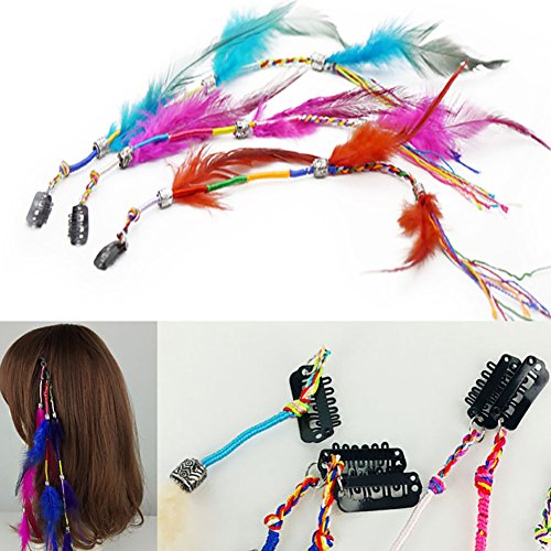 Set of 6 Handmade Boho Hair Extensions with Feather Clips