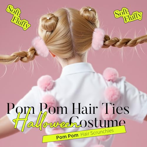 Pink Pom Pom Hair Ties - 4 Pack Furry Scrunchies for Girls & Women