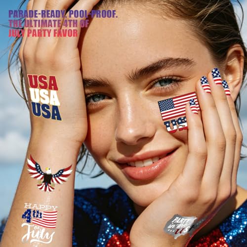 AOYOO 30ct USA Flag & Fireworks Temporary Tattoos for 4th of July Party