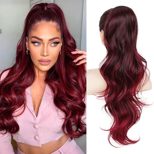 Red 26 Inch Drawstring Ponytail Extension - Long Wavy Hair for Women