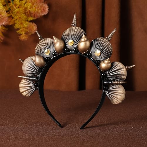 Ocean-Inspired Black Gold Seashell Halo Crown with Pearl & Conch