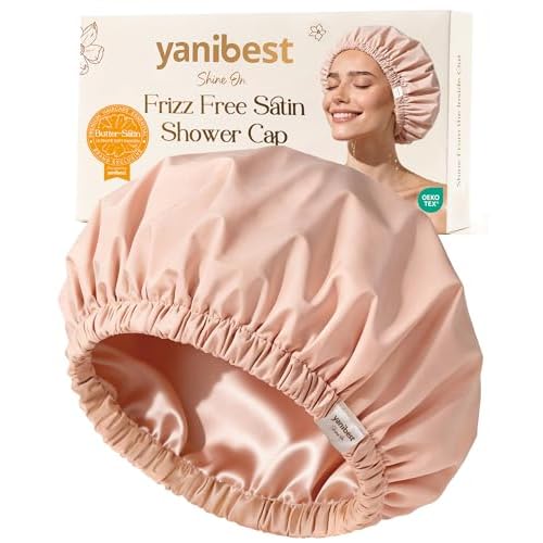 Yanibest Satin Lined Shower Cap for Women Reusable Waterproof, Frizz Free & Large Bath Cap with Soft Elastic Band, Luxury Hair Protection Caps (Peachy Pink)