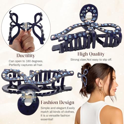 AWAYTR Navy Rhinestone Bow Claw Clip for Thick Hair, 4.3"