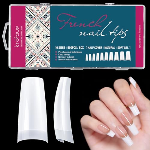 Krofaue 500PCS French Half Cover Nail Tips - Soft Gel Acrylic