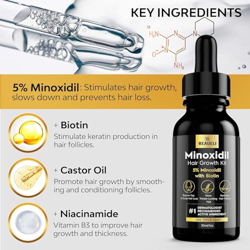 Beaueli Minoxidil Beard Growth Kit For Men and Women, Hair Loss and Hair Regrowth Treatments, Minoxidil 5%, Black