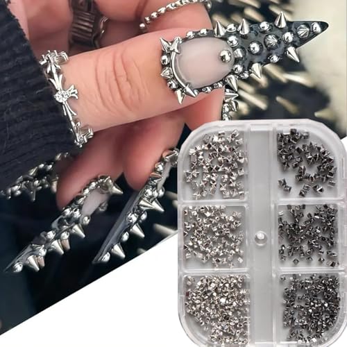 Colorful 12Pcs Gothic Punk Nail Charms Set with Metallic Rivets & Spikes - Silver Black