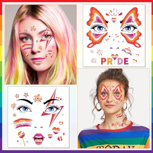 HOWAF 12pcs LGBTQ Pride Glitter Face Tattoos for Pride Month & Parades
