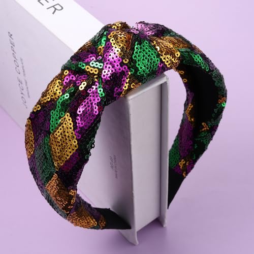 Mardi Gras Sequin Headband - Glitter Purple Green Gold Top Knot Hairband