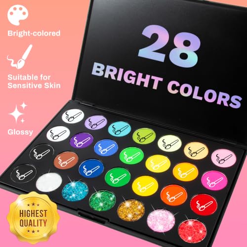 Professional Face Painting Kit with 28 Colors, Brushes, Sponges & Stencils for Kids & Adults