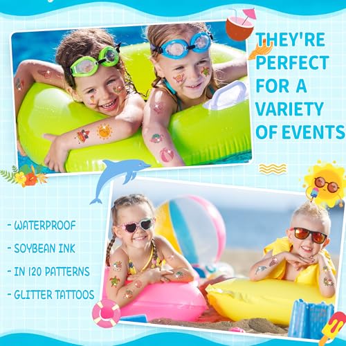 120 Glitter Summer Temporary Tattoos for Kids - Pool Party Favors