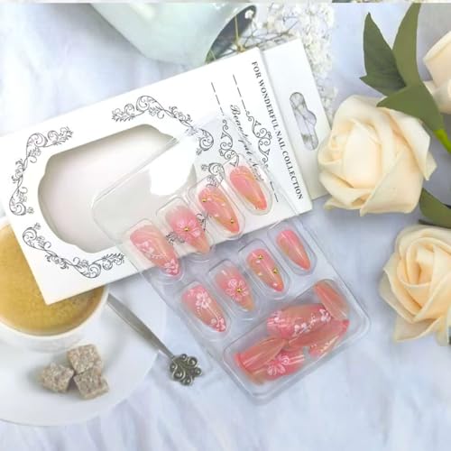 Autumn Flower Press-On Nails with Rhinestones & Gold Line Design - Medium Almond Fake Nails for Manicure, 24Pcs