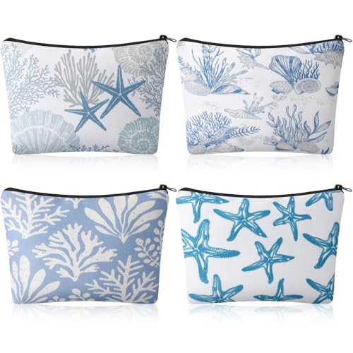 Fresh Ocean-Themed Cosmetic Bag Set - 4 Pcs Beach Makeup Pouches