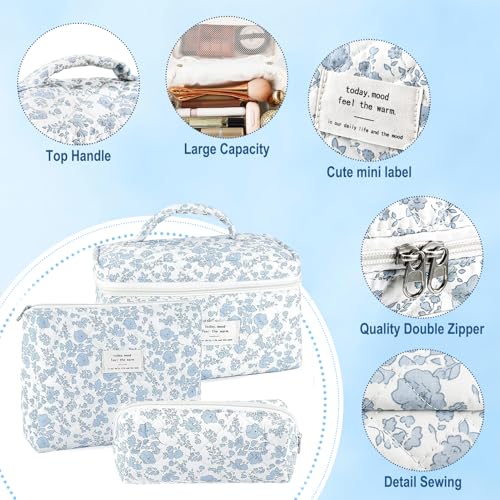 URSKYTOUS 3-Piece Quilted Cosmetic Bag Set - White Blue Travel Makeup Pouch