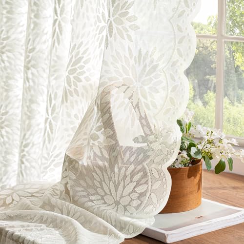 MIULEE Vintage Floral Lace Curtains - 2 Panels, Ivory 52" x 63"