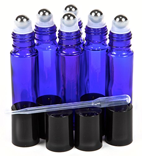 Vivaplex Cobalt Blue 10ml Glass Roll-On Bottles with Stainless Steel Roller Balls – 6 Pack
