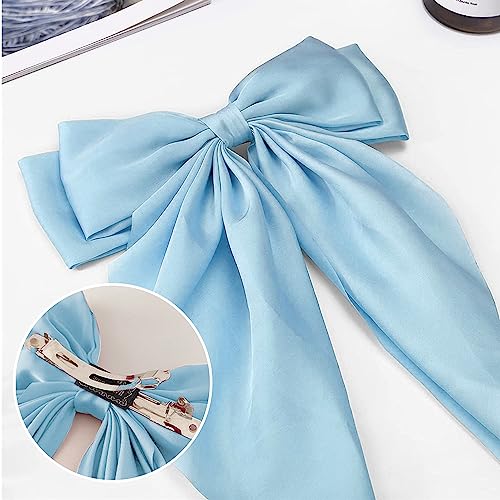 Large Silky Satin Blue Bow Hair Clip with Long Tails for Women