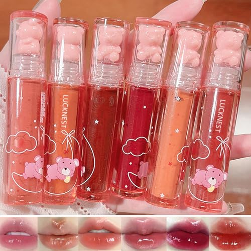 LuckNest 6Pcs Bear Lip Glaze Liquid Lipstick Set - Moisturizing & Waterproof
