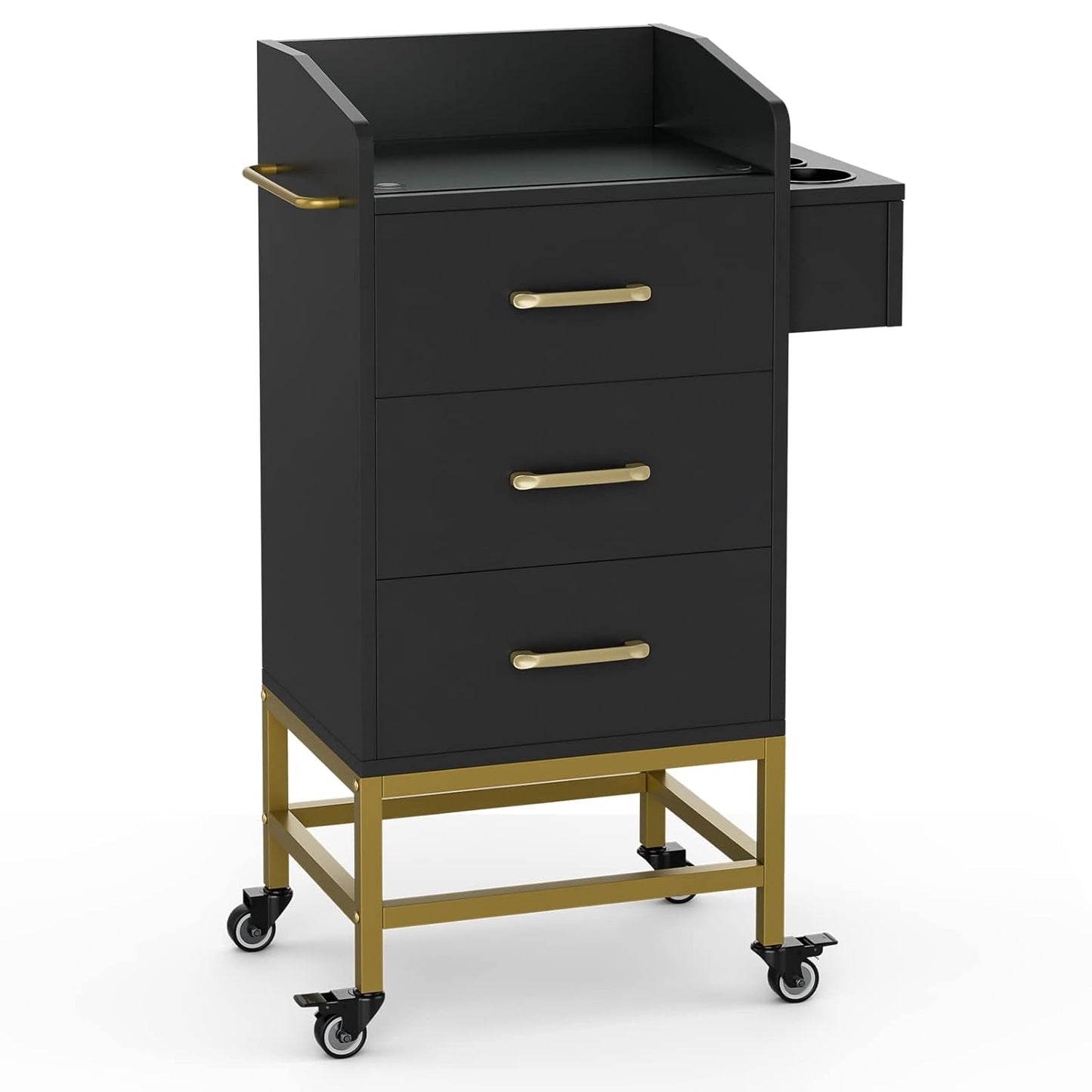 Beauty Salon Storage Trolley Cart - Glass Top Hair Station Cabinet with Lockable Wheels | Black