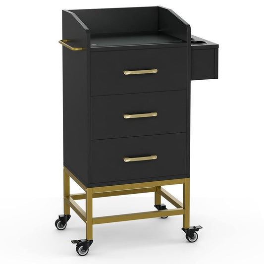 Beauty Salon Storage Trolley Cart - Glass Top Hair Station Cabinet with Lockable Wheels | Black