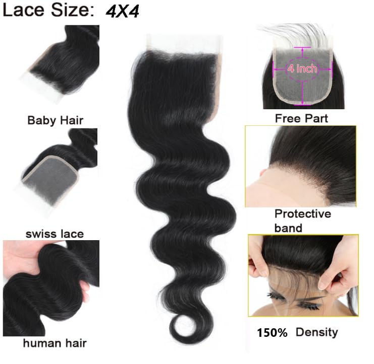 12A Brazilian Body Wave Hair Closure 4x4 Lace 10 Inch Natural Black