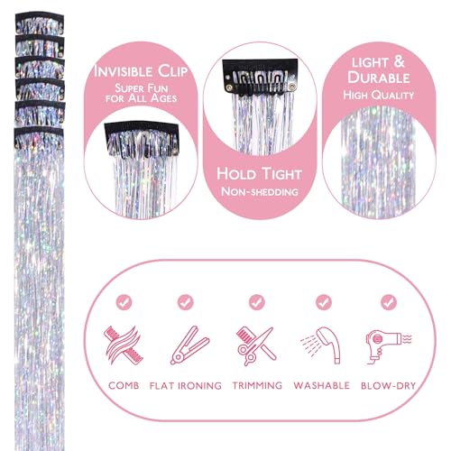 WENNALIFE Silver Hair Tinsel Clips - 6pcs 24-inch Glitter Extensions