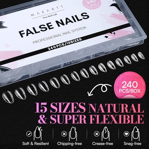 Makartt Short Almond Nail Tips - 240PCS, 15 Sizes, Pre-Etched