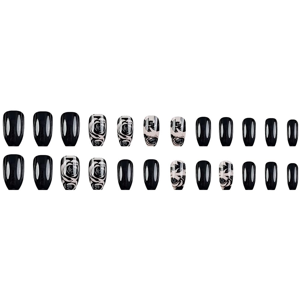 Coffin Shaped Press On Nails - Black Rose Gradient Design | Glossy Acrylic, 24 Pcs