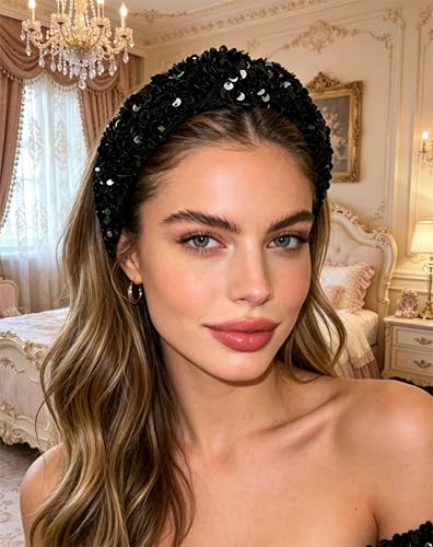 CAUDIO Black Sparkly Sequin Knot Headband for Women - Stylish Party Hair Accessory
