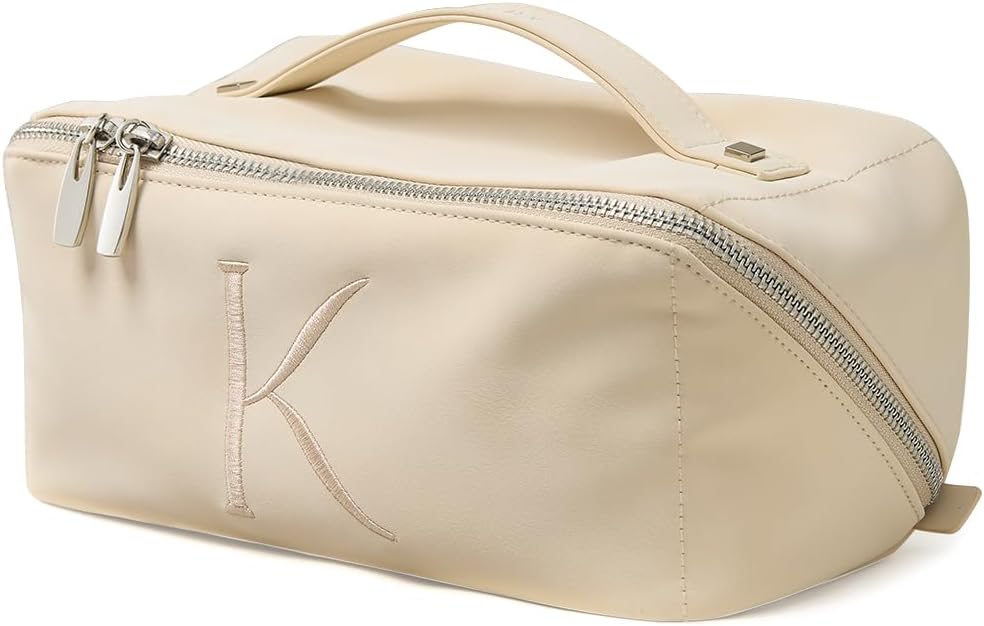 Travel Makeup Bag - Large Capacity Waterproof PU Leather Cosmetic Organizer | Flat Open Design for Skincare & Brushes